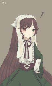 Rating: Safe Score: 0 Tags: 1girl blush brown_hair dress frills green_dress green_eyes heterochromia image lolita_fashion long_hair long_sleeves red_eyes ribbon signature simple_background solo suiseiseki very_long_hair User: admin