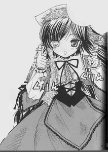 Rating: Safe Score: 0 Tags: 1girl blush dress frills greyscale image long_hair long_sleeves looking_at_viewer monochrome simple_background smile solo suiseiseki very_long_hair User: admin