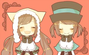 Rating: Safe Score: 0 Tags: 2girls blush bow brown_hair chibi closed_eyes dress hat image long_hair multiple_girls pair siblings smile souseiseki suiseiseki User: admin