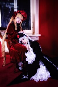 Rating: Safe Score: 0 Tags: 2girls blonde_hair blue_eyes dress flower long_hair multiple_cosplay multiple_girls red_dress rose shinku silver_hair sitting suigintou tagme User: admin