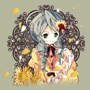 Rating: Safe Score: 0 Tags: 1girl dress drill_hair flower frills green_eyes green_hair hair_flower hair_ornament image kanaria long_sleeves looking_at_viewer petals ribbon rose solo sunflower twin_drills upper_body yellow_flower User: admin