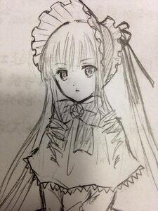 Rating: Safe Score: 0 Tags: 1girl bowtie capelet dress drill_hair frills image long_hair long_sleeves looking_at_viewer monochrome photo shinku simple_background solo traditional_media upper_body User: admin