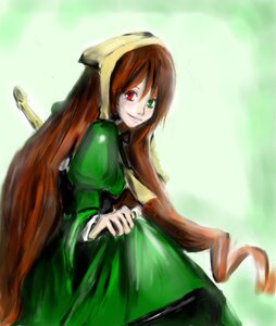 Rating: Safe Score: 0 Tags: 1girl brown_hair dress green_dress green_eyes head_scarf heterochromia image long_hair long_sleeves looking_at_viewer looking_back red_eyes smile solo suiseiseki very_long_hair User: admin