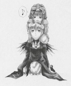 Rating: Safe Score: 0 Tags: 2girls bow dress eighth_note greyscale hair_bow hinaichigo image long_hair long_sleeves monochrome multiple_girls musical_note pair sitting spoken_musical_note striped suigintou traditional_media User: admin