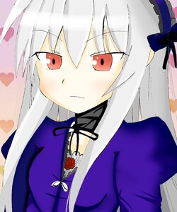 Rating: Safe Score: 0 Tags: 1girl blush detached_collar dress flower frills hairband heart image juliet_sleeves long_hair long_sleeves looking_at_viewer puffy_sleeves red_eyes ribbon rose silver_hair simple_background solo suigintou upper_body User: admin