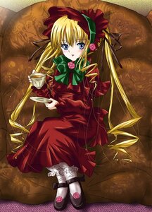 Rating: Safe Score: 0 Tags: 1girl blonde_hair blue_eyes bonnet bow bowtie capelet cup dress drill_hair flower full_body green_bow holding holding_cup image long_hair long_sleeves looking_at_viewer red_capelet red_dress saucer shinku shoes sitting solo tea teacup twintails User: admin