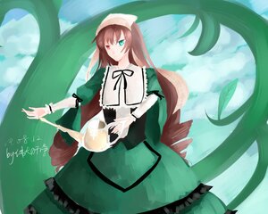 Rating: Safe Score: 0 Tags: 1girl brown_hair dress frills green_dress green_eyes heterochromia image long_hair long_sleeves looking_at_viewer plant red_eyes solo suiseiseki very_long_hair watering_can User: admin