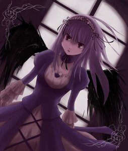 Rating: Safe Score: 0 Tags: 1girl black_wings detached_collar dress flower frills hairband image long_hair long_sleeves looking_at_viewer ribbon rose solo standing suigintou wings User: admin