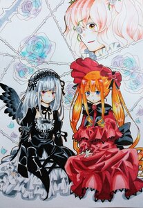 Rating: Safe Score: 0 Tags: 3girls blonde_hair blue_eyes blue_flower blush bow dress flower frills image long_hair looking_at_viewer marker_(medium) multiple multiple_girls red_dress red_eyes rose shinku silver_hair suigintou tagme traditional_media twintails wings User: admin