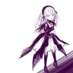 Rating: Safe Score: 0 Tags: 1girl boots dress flower frills full_body hairband image long_hair long_sleeves looking_at_viewer monochrome ribbon rose simple_background solo standing suigintou white_background wings User: admin