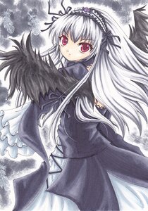 Rating: Safe Score: 0 Tags: 1girl black_ribbon black_wings dress flower frills hairband image long_hair long_sleeves looking_at_viewer looking_back red_eyes ribbon rose silver_hair solo suigintou traditional_media very_long_hair wings User: admin