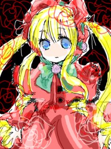 Rating: Safe Score: 0 Tags: 1girl blonde_hair blue_eyes bow bowtie capelet dress flower frills image long_hair long_sleeves looking_at_viewer pink_bow red_dress rose shinku solo twintails User: admin