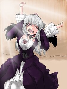 Rating: Safe Score: 0 Tags: 1girl choker dress image long_hair one_eye_closed open_mouth outstretched_arms rose silver_hair solo suigintou User: admin