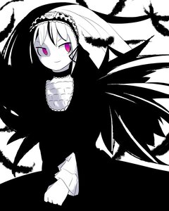 Rating: Safe Score: 0 Tags: 1girl black_wings dress feathers flower frills greyscale hairband image lolita_hairband long_hair long_sleeves looking_at_viewer monochrome purple_eyes rose smile solo suigintou white_background wings User: admin