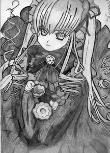 Rating: Safe Score: 0 Tags: 1girl cape dress greyscale holding image long_hair long_sleeves looking_at_viewer monochrome rose serious shinku sidelocks solo traditional_media User: admin