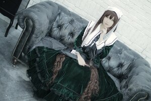 Rating: Safe Score: 0 Tags: 1girl brown_hair chair couch dress frills green_dress long_hair long_sleeves sitting solo suiseiseki User: admin