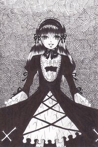 Rating: Safe Score: 0 Tags: 1girl bow chain-link_fence dress fence frills greyscale hairband image long_hair long_sleeves looking_at_viewer monochrome smile solo suigintou User: admin