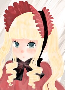 Rating: Safe Score: 0 Tags: 1girl bangs blonde_hair blush bonnet bow bowtie dress drill_hair image long_hair long_sleeves looking_at_viewer red_dress shinku solo tears User: admin