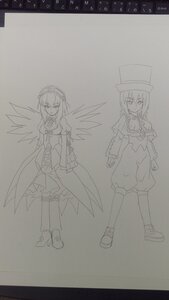 Rating: Safe Score: 0 Tags: 2girls boots dress greyscale hat image kneehighs long_sleeves looking_at_viewer monochrome multiple_girls pair shoes short_hair siblings sisters sketch souseiseki standing suigintou twins wings User: admin