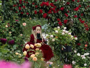 Rating: Safe Score: 0 Tags: 1girl blonde_hair blue_eyes bonnet bow bush capelet dress flower garden hairband lolita_fashion long_hair pink_rose plant red_capelet red_dress red_flower red_rose rose shinku solo User: admin