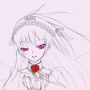 Rating: Safe Score: 0 Tags: 1girl auto_tagged bare_shoulders dress flower hairband image lolita_hairband long_hair monochrome parted_lips pink_eyes red_flower red_rose ribbon rose simple_background smile solo spot_color suigintou User: admin