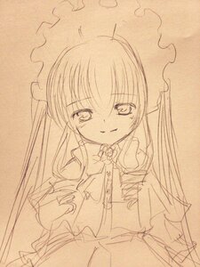 Rating: Safe Score: 0 Tags: 1girl bow dress frills image long_hair long_sleeves looking_at_viewer monochrome shinku smile solo traditional_media umbrella User: admin