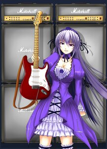 Rating: Safe Score: 0 Tags: 1girl amplifier_(instrument) bass_guitar breasts cleavage dress electric_guitar frills garters guitar hairband image instrument large_breasts lolita_hairband long_hair playing_instrument plectrum solo suigintou User: admin