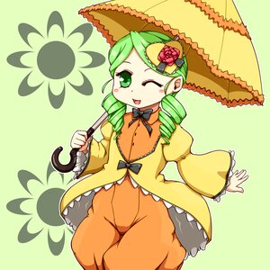 Rating: Safe Score: 0 Tags: 1girl bow dress drill_hair flower frills green_eyes green_hair holding holding_umbrella image kanaria long_sleeves one_eye_closed open_mouth parasol smile solo twin_drills umbrella User: admin