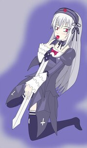 Rating: Safe Score: 0 Tags: 1girl black_legwear dress food frilled_sleeves frills hairband image juliet_sleeves long_hair long_sleeves red_eyes rose silver_hair solo suigintou thighhighs wings User: admin