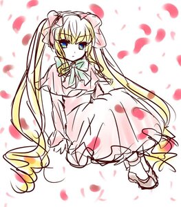 Rating: Safe Score: 0 Tags: 1girl blonde_hair blue_eyes bonnet bow bowtie capelet dress flower full_body image long_hair long_sleeves looking_at_viewer petals rose_petals shinku sitting solo striped twintails very_long_hair User: admin