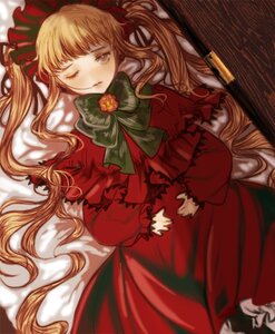 Rating: Safe Score: 0 Tags: 1girl blonde_hair blue_eyes bow bowtie capelet dress image long_hair long_sleeves lying on_back one_eye_closed shinku solo twintails User: admin