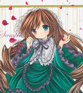 Rating: Safe Score: 0 Tags: 1girl black_ribbon brown_hair dress frills green_dress hat heterochromia image long_hair long_sleeves looking_at_viewer marker_(medium) petals red_eyes ribbon rose_petals solo suiseiseki traditional_media very_long_hair User: admin