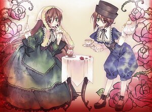 Rating: Safe Score: 0 Tags: 2girls brown_hair dress flower frills green_dress hat heterochromia image long_hair long_sleeves looking_at_viewer multiple_girls pair red_eyes rose short_hair siblings sisters souseiseki suiseiseki table twins very_long_hair watering_can User: admin