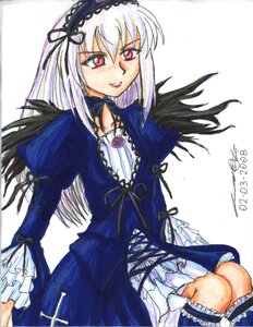 Rating: Safe Score: 0 Tags: 1girl artist_name cross-laced_clothes dated dress frilled_sleeves frills hairband image long_hair long_sleeves looking_at_viewer marker_(medium) pink_eyes puffy_sleeves signature smile solo suigintou traditional_media white_background wings User: admin