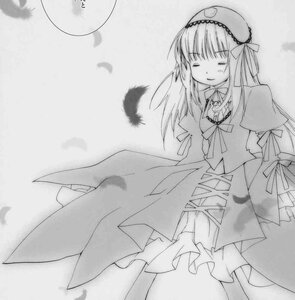 Rating: Safe Score: 0 Tags: 1girl closed_eyes dress feathers frills greyscale hairband image long_hair long_sleeves monochrome solo standing striped suigintou wings User: admin