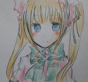 Rating: Safe Score: 0 Tags: 1girl bangs blonde_hair blue_eyes blush closed_mouth dress flower image long_hair looking_at_viewer photo rose shinku simple_background smile solo traditional_media twintails User: admin