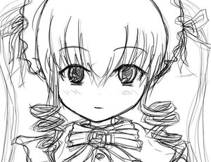 Rating: Safe Score: 0 Tags: 1girl blush drill_hair eyebrows_visible_through_hair greyscale hair_ribbon image looking_at_viewer monochrome portrait ribbon shinku simple_background sketch smile solo traditional_media twin_drills twintails white_background User: admin