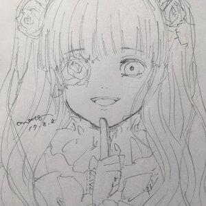 Rating: Safe Score: 0 Tags: 1girl bangs dated flower grin hair_ornament image kirakishou long_hair looking_at_viewer monochrome rose signature smile solo traditional_media User: admin