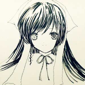 Rating: Safe Score: 0 Tags: 1girl bangs blush closed_mouth eyebrows_visible_through_hair head_scarf image long_hair looking_at_viewer monochrome neck_ribbon ribbon smile solo suiseiseki traditional_media upper_body User: admin