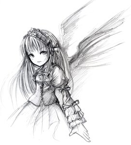 Rating: Safe Score: 0 Tags: 1girl angel_wings blush dress frills greyscale hairband image long_hair long_sleeves looking_at_viewer monochrome simple_background solo suigintou white_background wings User: admin