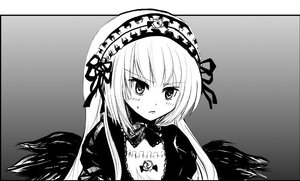 Rating: Safe Score: 0 Tags: 1girl blush closed_mouth dress eyebrows_visible_through_hair greyscale hairband image long_hair looking_at_viewer monochrome pout solo suigintou upper_body wings User: admin