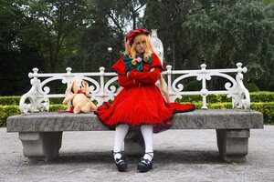 Rating: Safe Score: 0 Tags: 1girl blonde_hair dress long_sleeves mary_janes outdoors red_dress shinku shoes solo standing tree white_legwear User: admin