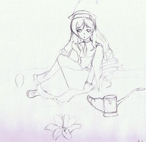 Rating: Safe Score: 0 Tags: 1girl blush flower image long_hair long_sleeves looking_at_viewer monochrome sitting solo suiseiseki traditional_media User: admin