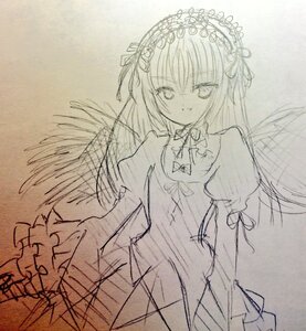 Rating: Safe Score: 0 Tags: 1girl dress eyebrows_visible_through_hair feathered_wings frills greyscale hairband image long_hair long_sleeves looking_at_viewer monochrome sketch smile solo suigintou traditional_media wings User: admin