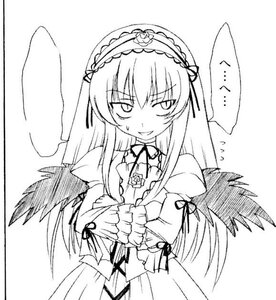 Rating: Safe Score: 0 Tags: 1girl detached_collar dress frills greyscale hairband image lolita_hairband long_hair long_sleeves looking_at_viewer monochrome simple_background smile solo suigintou white_background wings User: admin