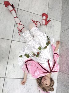 Rating: Safe Score: 0 Tags: 1girl brown_hair closed_eyes dress fruit high_heels hinaichigo lying red_footwear ribbon shoes short_hair solo tiles User: admin