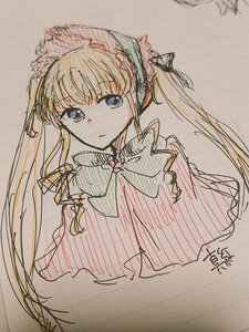 Rating: Safe Score: 0 Tags: 1girl bangs blonde_hair blue_eyes bonnet bow bowtie brown_background capelet closed_mouth dress eyebrows_visible_through_hair image long_hair looking_at_viewer photo shinku signature simple_background solo traditional_media twintails upper_body User: admin