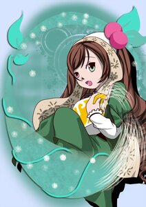 Rating: Safe Score: 0 Tags: 1girl brown_hair dress food fruit green_dress green_eyes head_scarf heterochromia image long_hair long_sleeves open_mouth red_eyes snowflakes solo suiseiseki User: admin