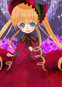 Rating: Safe Score: 0 Tags: 1girl blonde_hair blue_eyes bonnet bow bowtie dress flower green_bow image long_hair long_sleeves looking_at_viewer red_dress ribbon shinku solo twintails User: admin