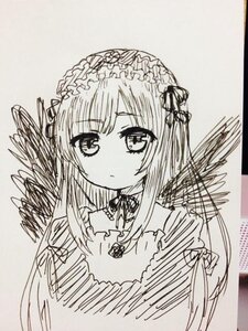 Rating: Safe Score: 0 Tags: 1girl bangs blush closed_mouth eyebrows_visible_through_hair hairband image lolita_fashion lolita_hairband long_hair long_sleeves looking_at_viewer monochrome ribbon simple_background sketch solo suigintou traditional_media upper_body User: admin